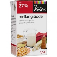 Kelda mellangrädde 27 % Grädde, kärnmjölk, syrad skummjölk, stabiliseringsmedel (karragenan) Hållbarhet: 70 dagar  