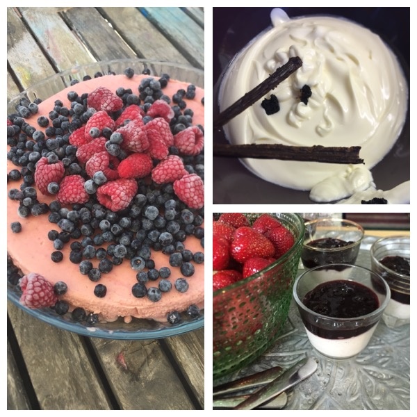 Desserter, sommarens ljuvligaste dessert med Kefirgrädde, vanilj och svartavinbär sötade med torkade fikon. Samt en kefirgräddglasstårta med frysta bär
